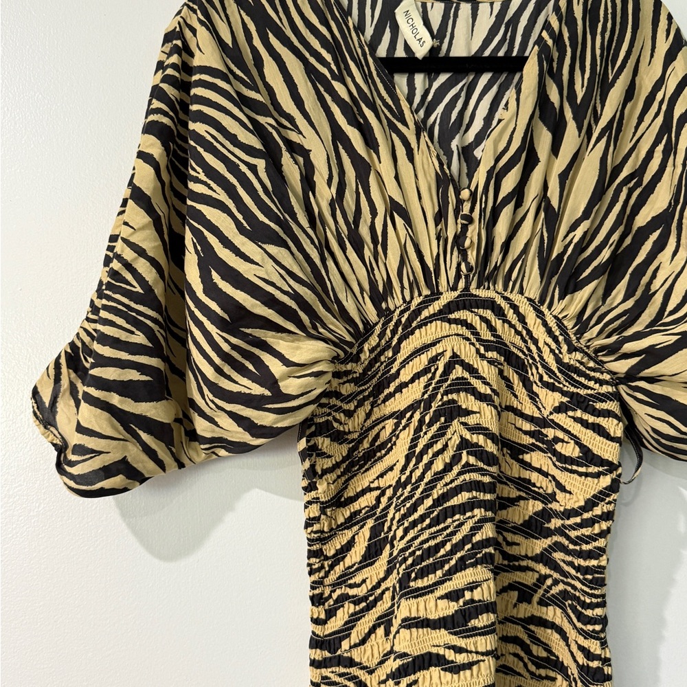 Nicolas Zebra Print Midi Dress – Chic Ruched Waist, Flowy Fit